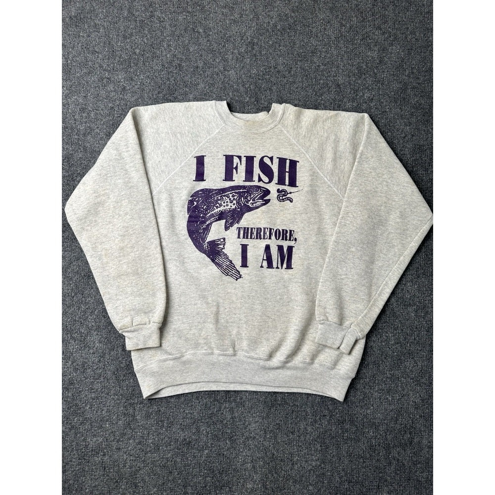 Mens Hanes Gray Fishing Graphic Crewneck‎ Sweatshirt USA Made, Size M